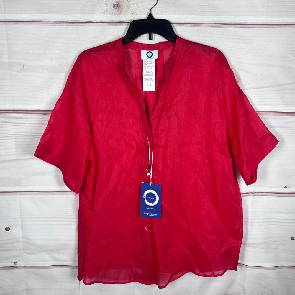 Marina Rinaldi Voyage Blouse Womens 10 Red Button Up Shirt Short Sleeve Relaxed